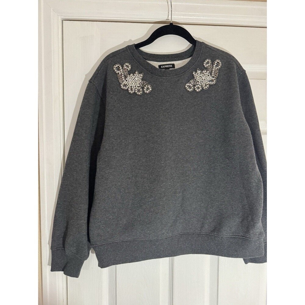 Express Dark Gray Embellished Crewneck Sweatshirt Rhinestone Beaded Size M
